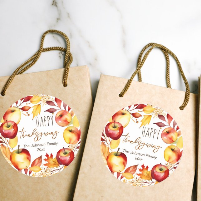 Adesivo Feliz Dia de Ação de Graças, modelo (Happy Thanksgiving watercolor apple and leave wreath favor gift stickers)