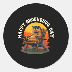 Adesivo Feliz Dia do Ground Hog Vintage Pôr do Sol Animaçã