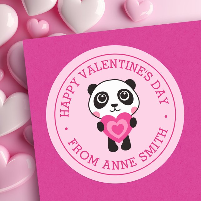Adesivo Feliz Dia dos Namorados nome panda fofo coração ro (Happy Valentine's Day name cute panda heart pink Classic Round Sticker)