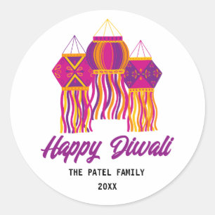 Adesivo Feliz Diwali Púrpura Lanterna Amarelo Cor-de-Rosa
