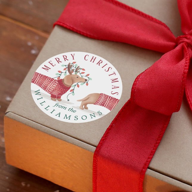 Adesivo Feliz e Brilho | Cachorro Cachorro Suor de Natal (Merry & Bright | Dachshund Dog Christmas Sweater Classic Round Sticker)