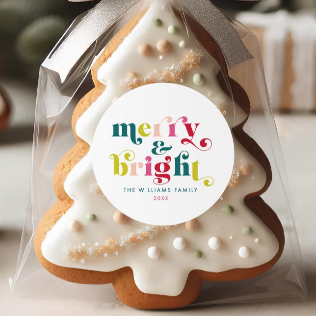 Adesivo Feliz e Natal Brilhante com vários cores (Multi Colored Modern Merry & Bright Christmas Classic Round Sticker)