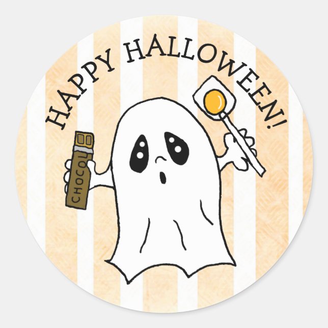 Adesivo Feliz Fantasma de Halloween com doce (Frente)