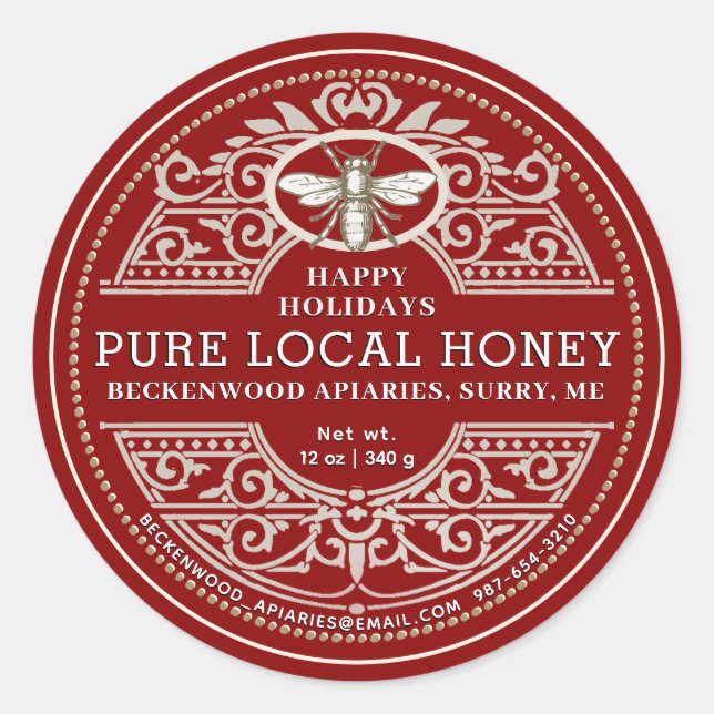 Adesivo Feliz Feriado APIARY Ornamentado Honey label Red (Frente)