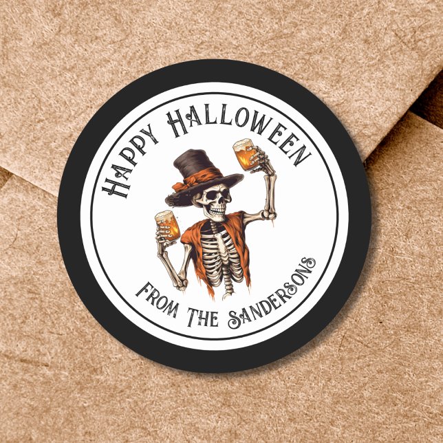 Adesivo Feliz Festa de Halloween (Skeleton Happy Halloween Classic Round Sticker)