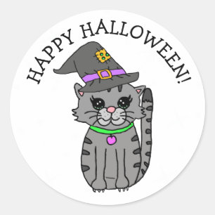 Adesivo Feliz Gato de Halloween no Chapéu das Bruxas