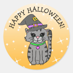 Adesivo Feliz Gato de Halloween no Chapéu das Bruxas