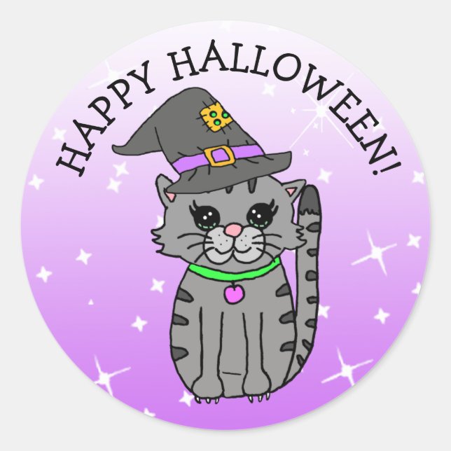 Adesivo Feliz Gato de Halloween no Chapéu das Bruxas (Frente)