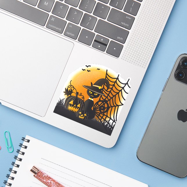Adesivo Feliz gato e aranha Halloween (Notebook com iPhone)