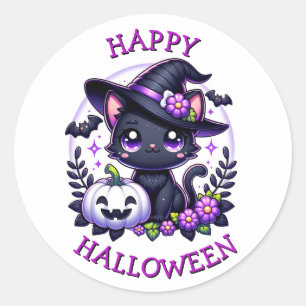 Adesivo Feliz Gato Negro de Halloween e Abóbora