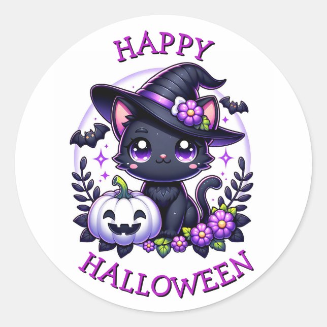 Adesivo Feliz Gato Negro de Halloween e Abóbora (Frente)