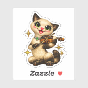 Adesivo Feliz Gato Siameses Tocando Violino Retro Meados d