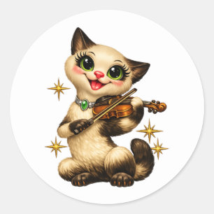 Adesivo Feliz Gato Siameses Tocando Violino Retro Meados d
