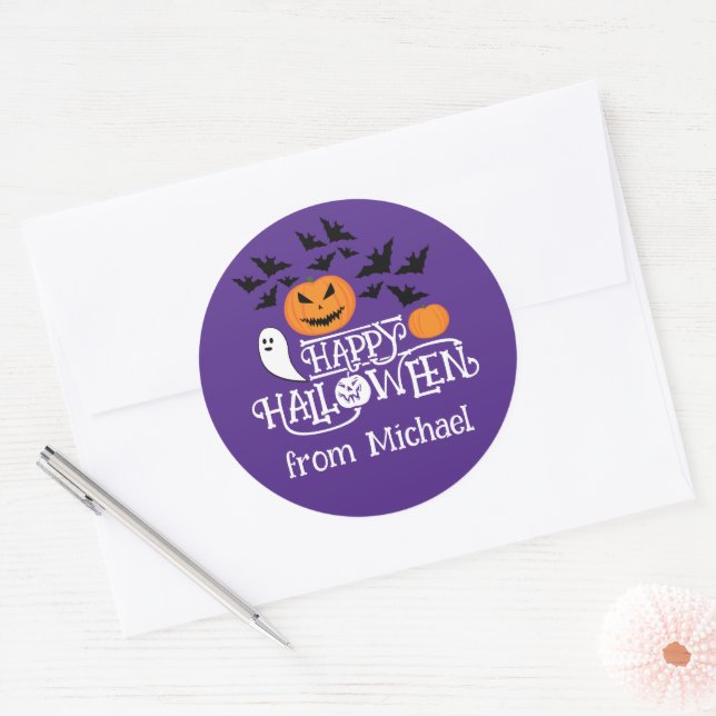 Adesivo Feliz Halloween, abóboras, morcegos fantasmas text (Envelope)