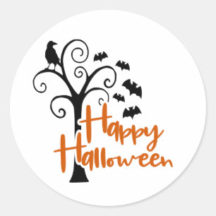 Adesivo Feliz Halloween Árvore Laranja Preta Morcegos Assu