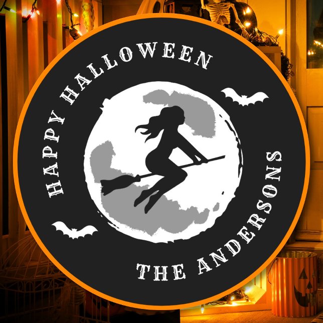 Adesivo Feliz Halloween Bruxa Andando Vassoura Nome Person (Criador carregado)