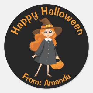 Adesivo Feliz Halloween, bruxa-branca, preto e laranja