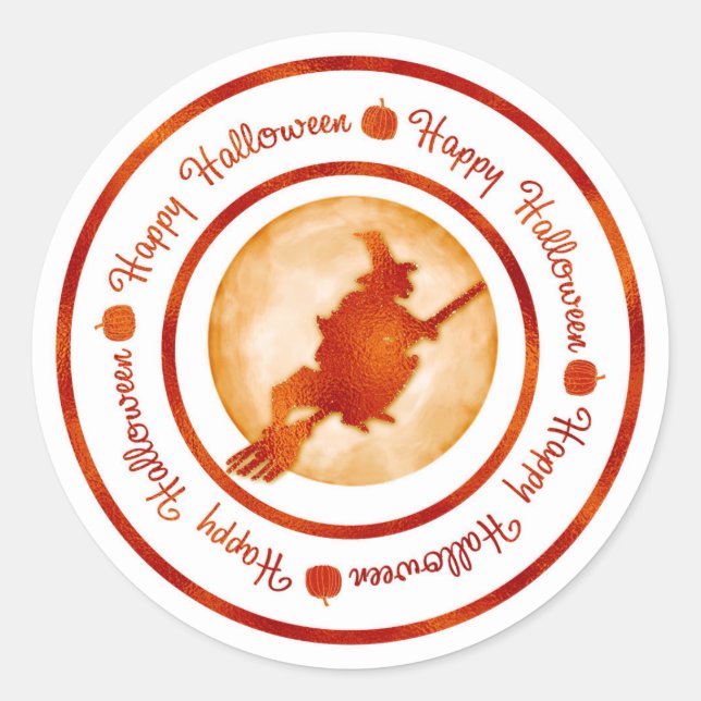 Adesivo Feliz Halloween Bruxa Lua Laranja Brilho Festa (Frente)