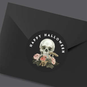 Adesivo Feliz Halloween Caveira Preta Floral Rosa