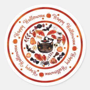 Adesivo Feliz Halloween Gato Preto Caprichoso Aquarela