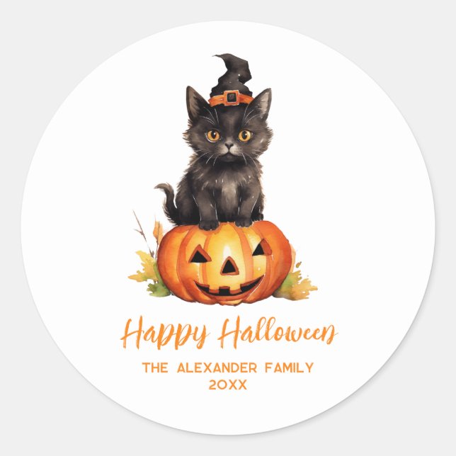 Adesivo Feliz Halloween Gato Preto Chapéu de Bruxa Abóbora (Frente)