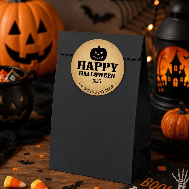 Adesivo Feliz Halloween Jack-O-Lantern Papel Marrom (Criador carregado)
