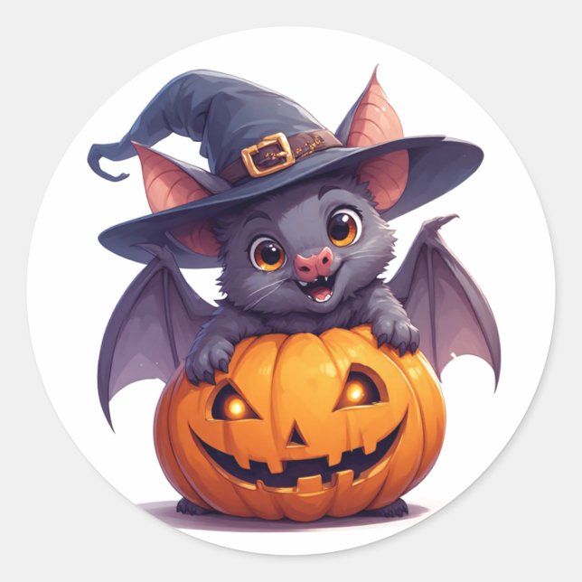 Adesivo Feliz Halloween Morcego Segurando Abóbora 🎃 (Frente)