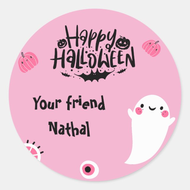 Adesivo Feliz Halloween Personalizado com Ghost PINK Bonit (Frente)