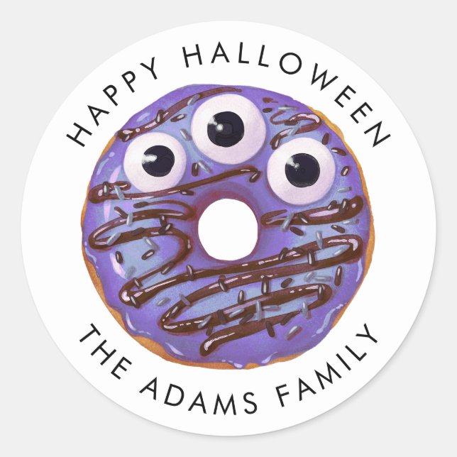 Adesivo Feliz Halloween Roxo, Rosquinha de Monstro de Três (Frente)