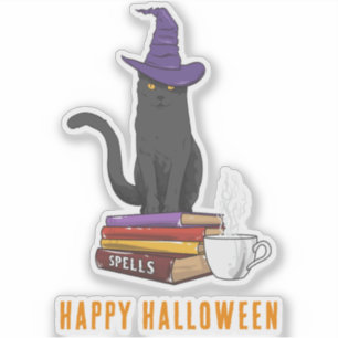 Adesivo Feliz Halloween Spells Black Cat Personalizado
