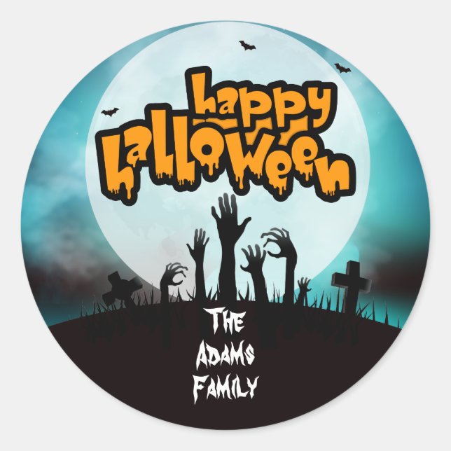 Adesivo Feliz Halloween Zombie Graveyard Personalizado (Frente)