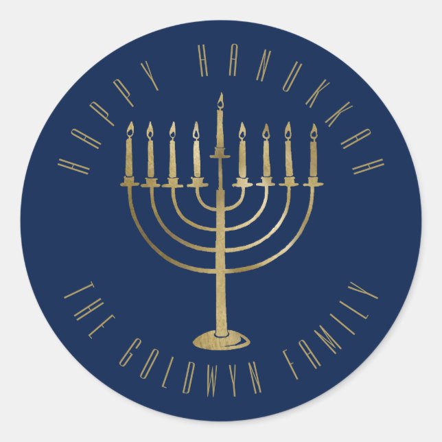 Adesivo Feliz Hanukkah: Feriado Dourado Azul de Menorah (Frente)
