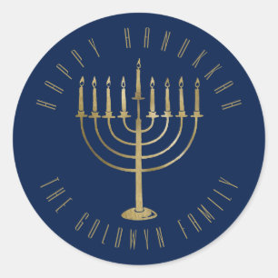 Adesivo Feliz Hanukkah: Feriado Dourado Azul de Menorah