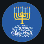 Adesivo Feliz Hanukkah Menorah<br><div class="desc">Feliz Hanukkah Menorah Clássico,  paleta redonda. Escolha o tamanho do adesivo no menu de opções.</div>
