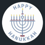 Adesivo Feliz Hanukkah Menorah<br><div class="desc">Estes adesivos bonito têm uma menorah e as palavras "Feliz Hanukkah". Consulte os convites de festas correspondentes aqui: https://www.zazzle.com/hanukkah_party_funny_whole_latke_fun_invitation-256781977102628379</div>