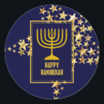 Adesivo FELIZ HANUKKAH | Menorah | Estrelas Douradas | MAR<br><div class="desc">Na moda festivo adesivos HANUKKAH com estrelas de ouro falsas. HOLIDAY BLESSINGS aparece em sutil padrão de fundo.</div>