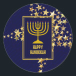 Adesivo FELIZ HANUKKAH | Menorah | Estrelas Douradas | MAR<br><div class="desc">Na moda festivo adesivos HANUKKAH com estrelas de ouro falsas. HOLIDAY BLESSINGS aparece em sutil padrão de fundo.</div>