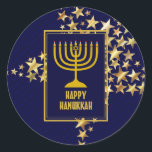 Adesivo FELIZ HANUKKAH | Menorah | Estrelas Douradas | MAR<br><div class="desc">Na moda festivo adesivos HANUKKAH com estrelas de ouro falsas. HOLIDAY BLESSINGS aparece em sutil padrão de fundo.</div>