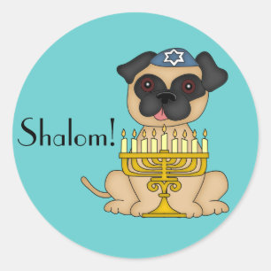 Adesivo Feliz Hanukkah-Pug Cachorro com Menorá