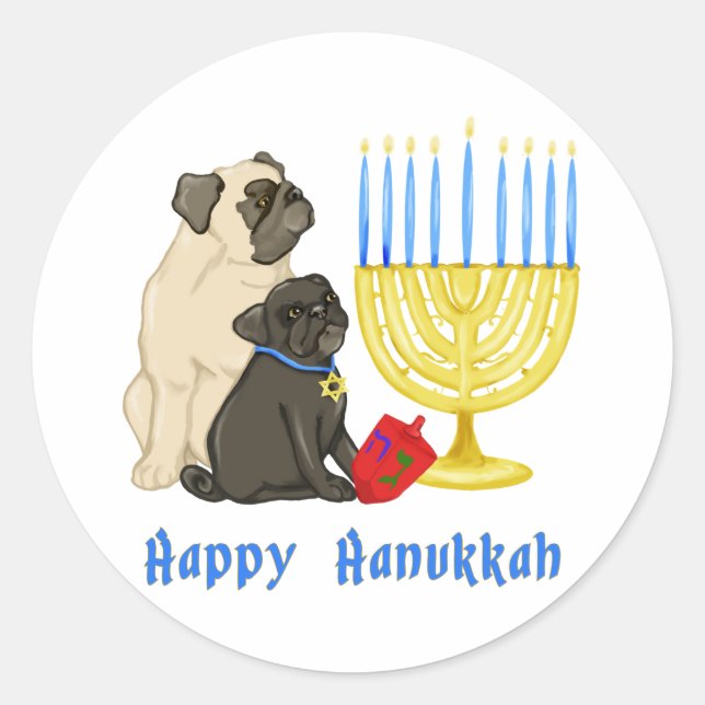 Adesivo Feliz Hanukkah Pugs e Menorah Stickers (Frente)