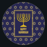 Adesivo FELIZ HANUKKAH Star David BLUE<br><div class="desc">Na moda festivo adesivos HANUKKAH com estrela de ouro falso de David como padrão de fundo. Parte da coleção FESTIVE STARS de Designs Bereanos.</div>