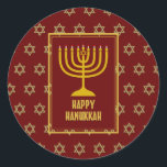 Adesivo FELIZ HANUKKAH Star David RED<br><div class="desc">Na moda festivo adesivos HANUKKAH com estrela de ouro falso de David como padrão de fundo. Parte da coleção FESTIVE STARS de Designs Bereanos.</div>