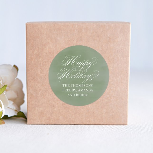 Adesivo Feliz Holiday Calliografia - Script Green (Happy Holidays custom gift sticker with calligraphy script and green background. )