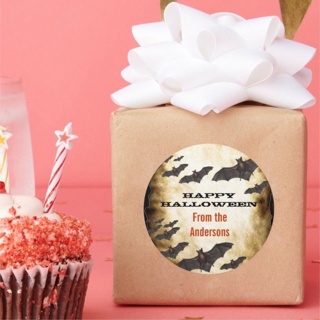 Adesivo Feliz Morcego de Halloween e Pergaminho Queimado (Festa)