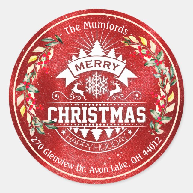 Adesivo Feliz Natal Ano Novo Floral Red Berry Endereço (Frente)