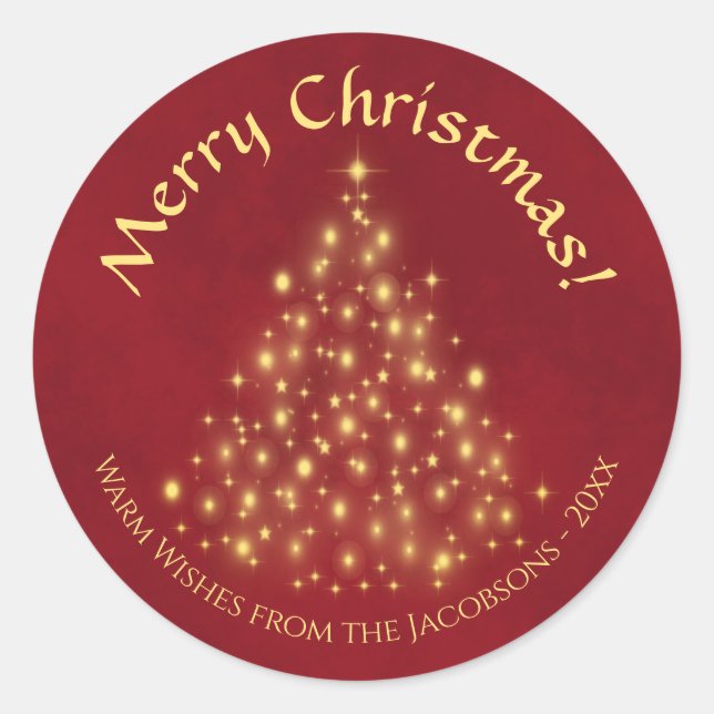 Adesivo Feliz Natal! Árvore de Luzes Douradas sobre Vermel (Frente)