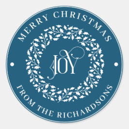 Adesivo Feliz Natal Azul redondo Branco Holly Wreath Joy