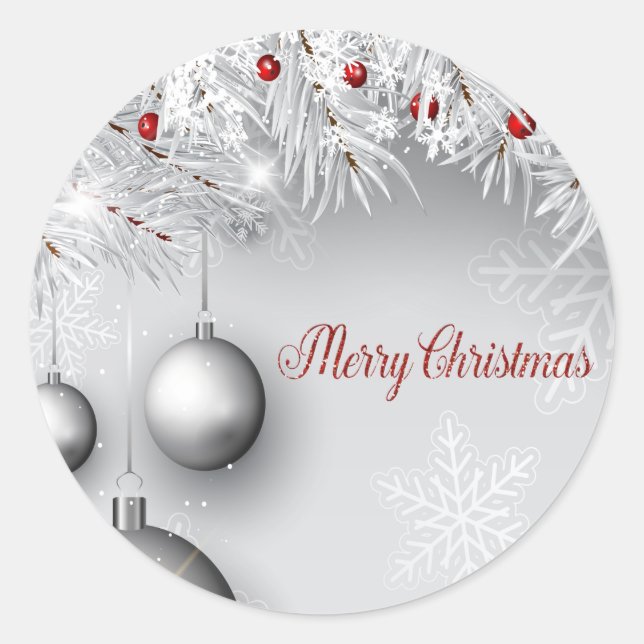 Adesivo Feliz Natal, Bolas de Prata, Galhos, Flocos de Nev (Frente)