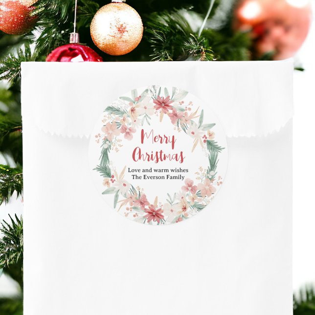 Adesivo Feliz Natal Botânico Pintado com Aquarela (Hand Painted Watercolor Botanical Merry Christmas Classic Round Sticker)