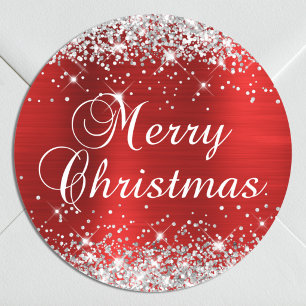 Adesivo Feliz Natal Brilhante em Prata e Vermelho